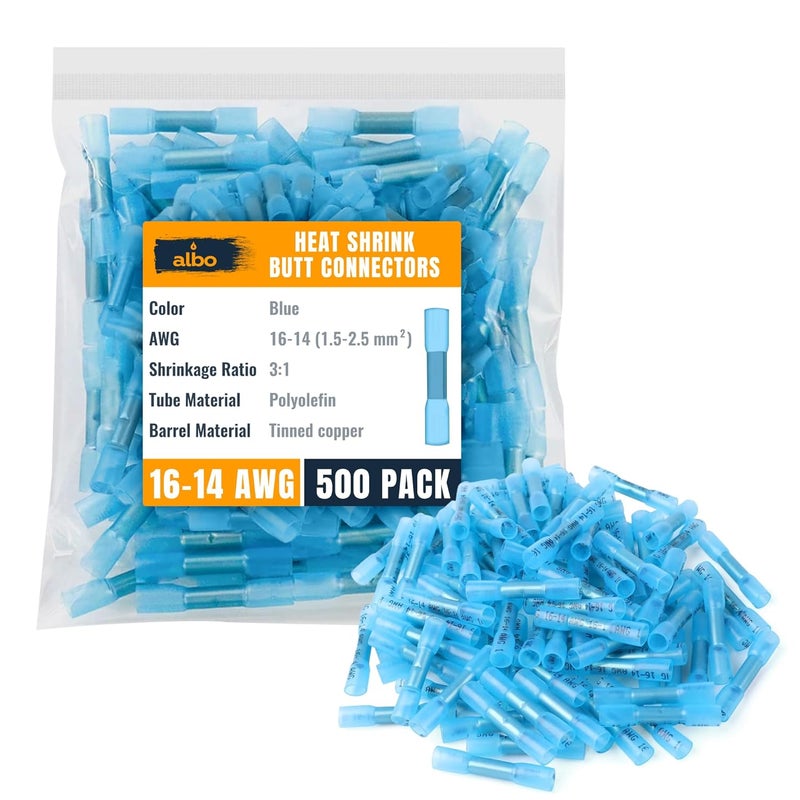 ALBO 500PCS 16-14 AWG Heat Shrink Butt Connectors - Tinned Copper 0,8 mm - Marine Grade Insulated Crimp Wire Connectors - Waterproof Electrical Connectors - Butt Splice for Auto, Marine, Boat, Stereo - Image 1